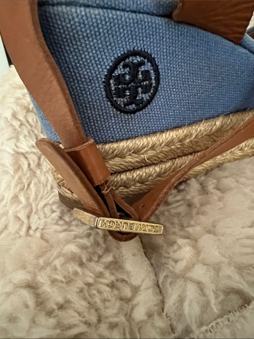 Tory Burch Blue Fabric Espadrille Wedge Sandals with Tan Straps - Picture 9 of 9